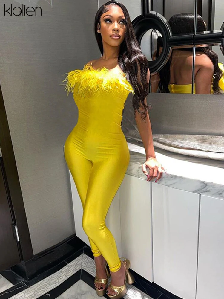 KLALIEN Fashion Wrapped Chest Jumpsuits Sexy Feathers Collar Sleeveless High Waist Body-Shaping Overall Partywear Female Outfit - Image 9