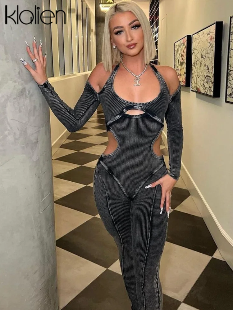 KLALIEN Ribbed Off Shoulder Jumpsuit for Women Autumn Hollow Out Skinny One Pieces Solid Streetwear Stretch Jumpsuits Female - Image 4
