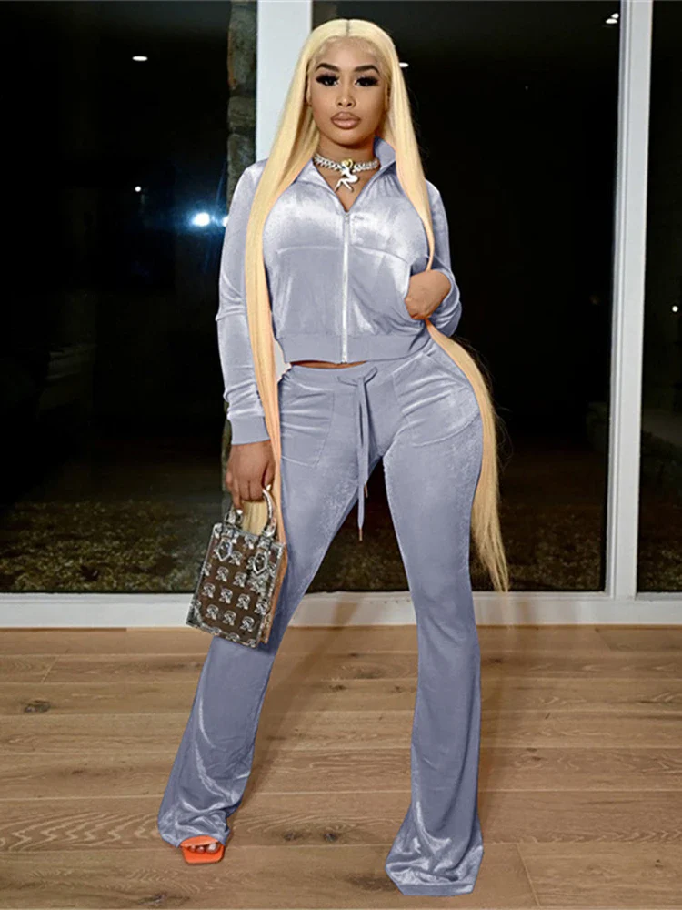 Kliou Solid Velour Two Piece Set Women Simple Casual Zipper Long Sleeve Turtleneck Top+Bandage Lace Slim Female Wide Leg Pants - Image 10
