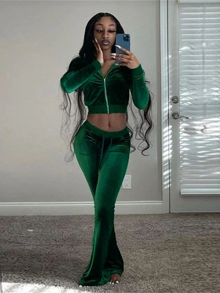 Kliou Solid Velour Two Piece Set Women Simple Casual Zipper Long Sleeve Turtleneck Top+Bandage Lace Slim Female Wide Leg Pants - Image 11