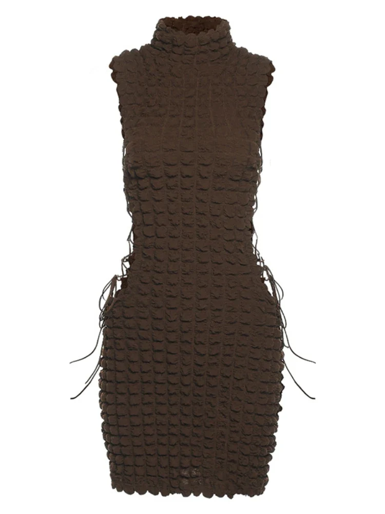 Kliou Stunning Stacked Mini Dress Women Sexy Solid Mock Neck Sleeveless Draw String Bodycon Party Clubwear Elegant Female Skirt - Image 8