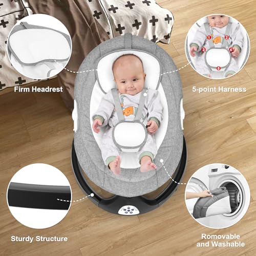 kmaier Electric Baby Swing for Infants, Baby Rocker for Infants with 5 Speeds, 10 Lullabies, Adapter & Battery Operated, Indoor & Outdoor Use, Remote Control, Gray - Image 2