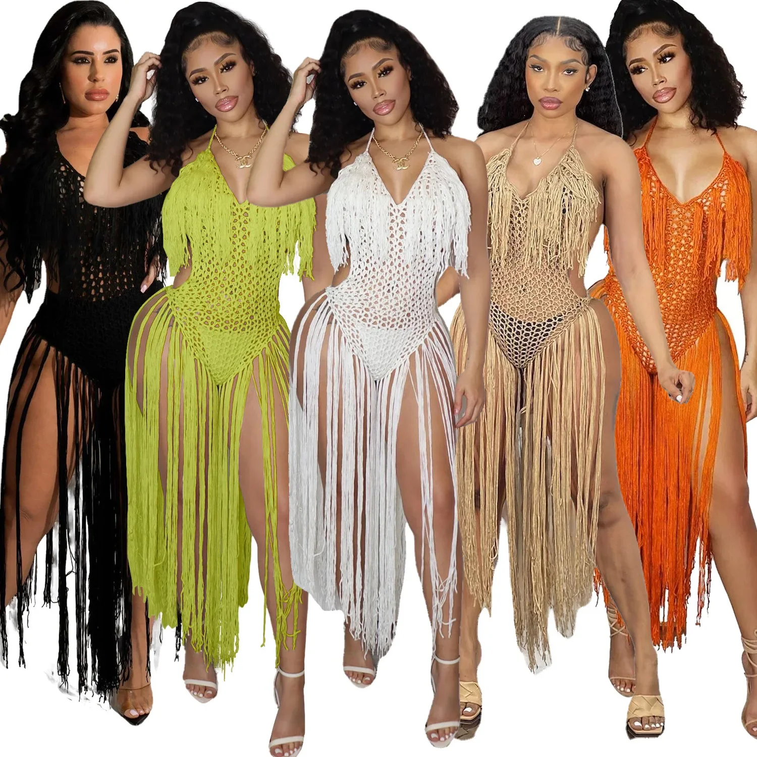 Knit Rib Tassel Bodysuit Rompers Sexy Fishnet Halter Lace Up V Neck See Through Jumpsuit Women Summer Beach Wear One Piece Dress - Image 3