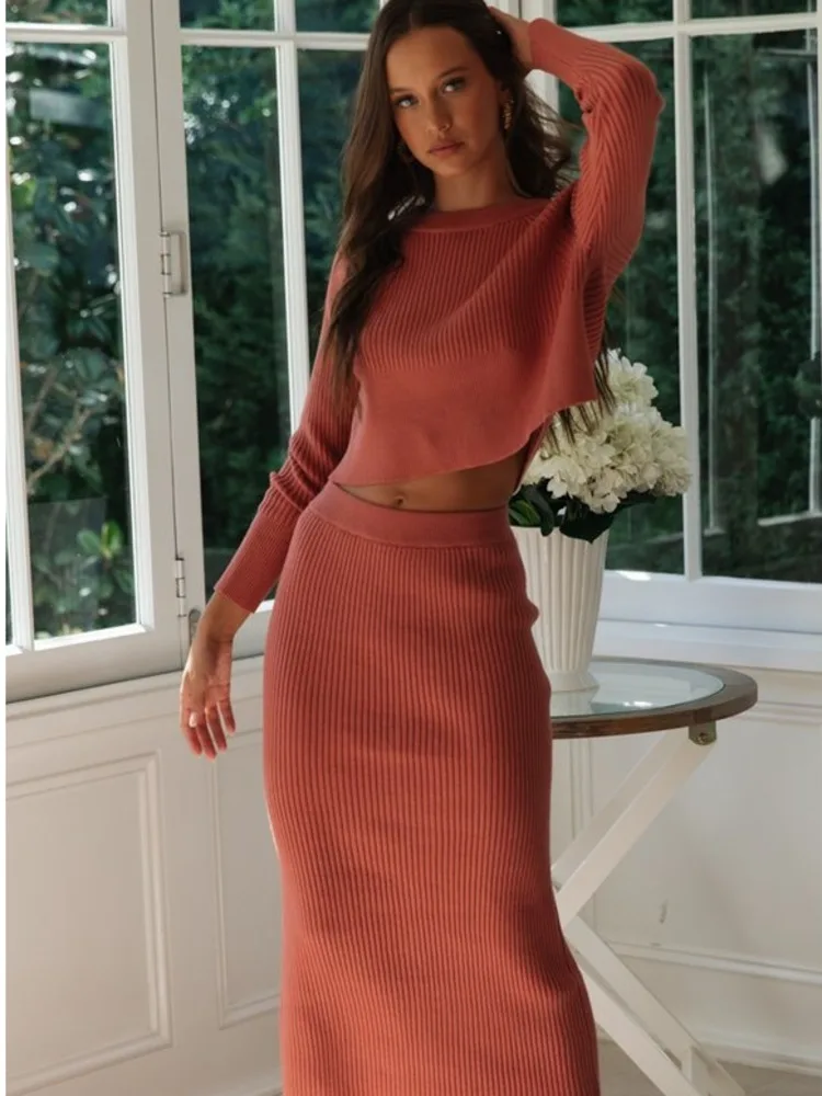 Knitted 2 Pieces Set Women Pullovers Sweater Crop Tops & Knitted Skirts Bodycon Office Lady Skirts 2PCS Suits 2022 Winter Cloth - Image 3