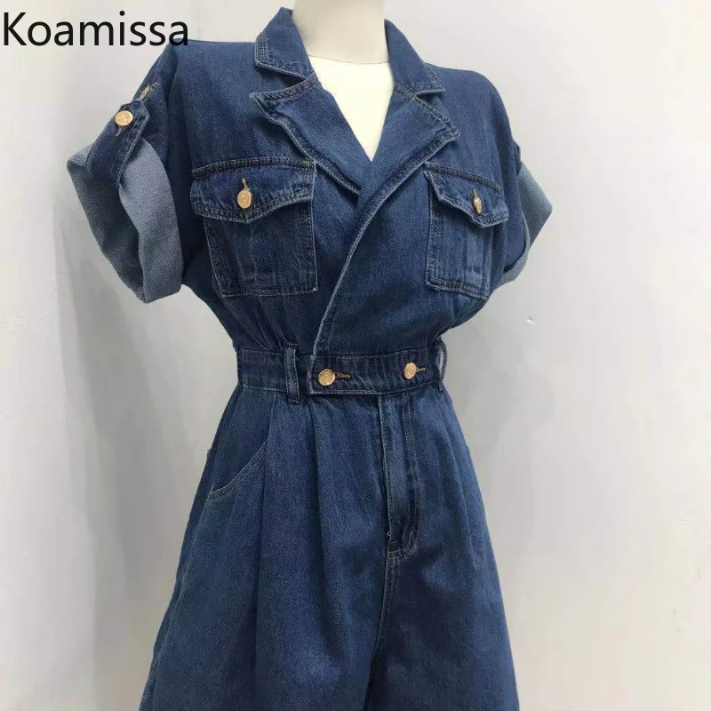Koamissa Fashion New Women Denim Jumpsuits Ladies Short Sleeves Summer Jeans Rompers Waist Slim Causal Loose A Line Playsuits - Image 6