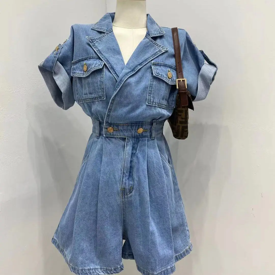 Koamissa Fashion New Women Denim Jumpsuits Ladies Short Sleeves Summer Jeans Rompers Waist Slim Causal Loose A Line Playsuits - Image 8