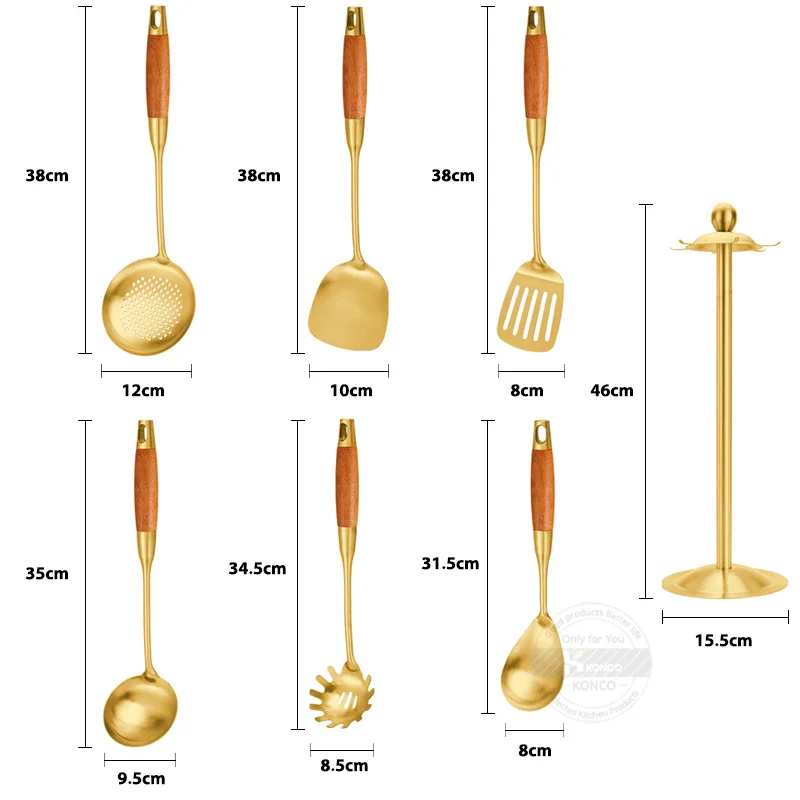 Konco Gold Cooking Utensils,Stainless Steel Kitchen Utensils Tool Set Non-Stick Spatula Spoon Colander Kitchen Gadgets Cookware - Image 4