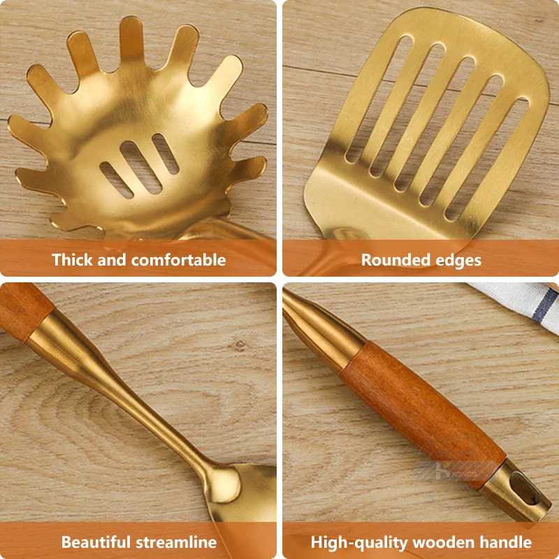 Konco Gold Cooking Utensils,Stainless Steel Kitchen Utensils Tool Set Non-Stick Spatula Spoon Colander Kitchen Gadgets Cookware - Image 5