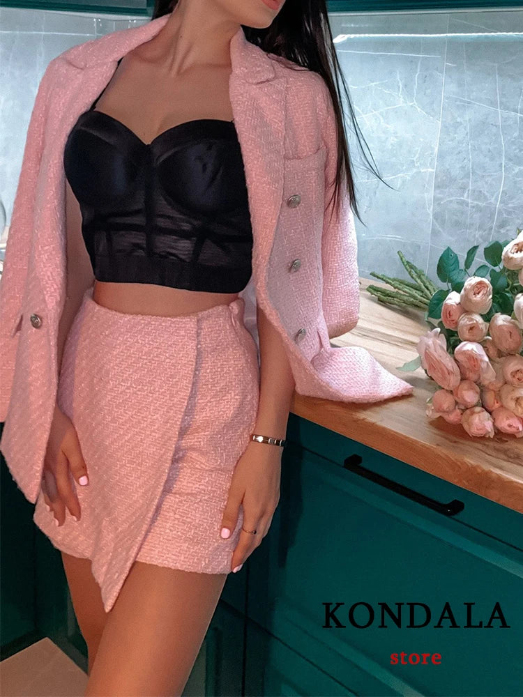 KONDALA Chic Pink Blazer Office Lady Fashion 2023 Plaid Oversized Long Jackets Women Long Sleeve Double Button Pockets Tops - Image 3