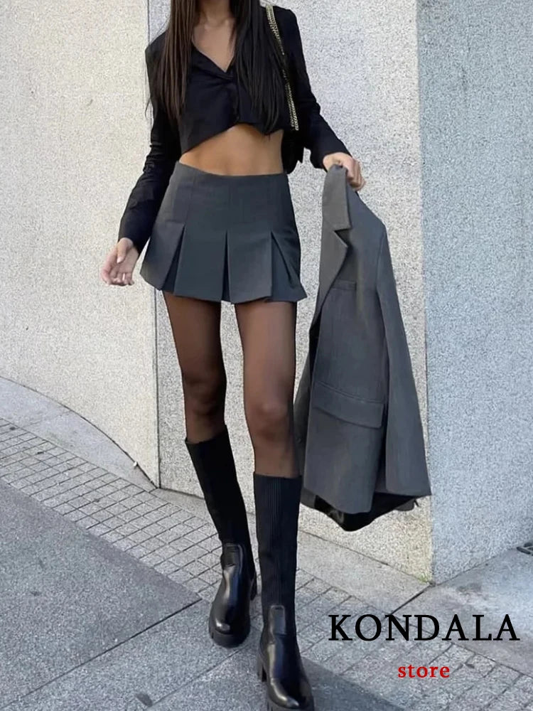 KONDALA Vintage Dark Grey Mini Skirts Women Ruffles Pleated Sexy Shorts Skirts Female Fashion 2024 Streetwear Mujer Faldas - Image 3