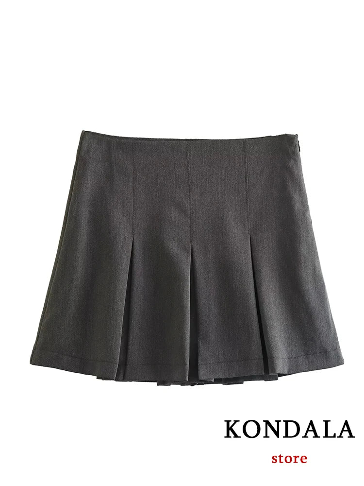 KONDALA Vintage Dark Grey Mini Skirts Women Ruffles Pleated Sexy Shorts Skirts Female Fashion 2024 Streetwear Mujer Faldas - Image 4