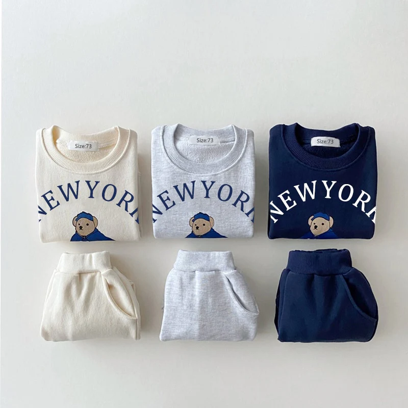 Korea 2023 Baby Boys Clothes Sets Letter Bear Girls Long Sleeve Casual Hoodie Sweatshirt+Pants 2pcs Kids Clothes Sports Suit New - Image 5