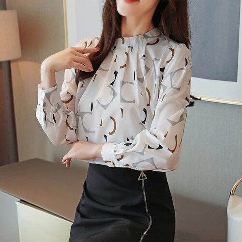 Korean Fashion Clothing Casual Long Sleeve Chiffon Blouse Women Print O-neck Blouse white black autumn tops 6053 50 - Image 2