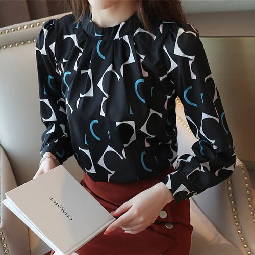 Korean Fashion Clothing Casual Long Sleeve Chiffon Blouse Women Print O-neck Blouse white black autumn tops 6053 50 - Image 3