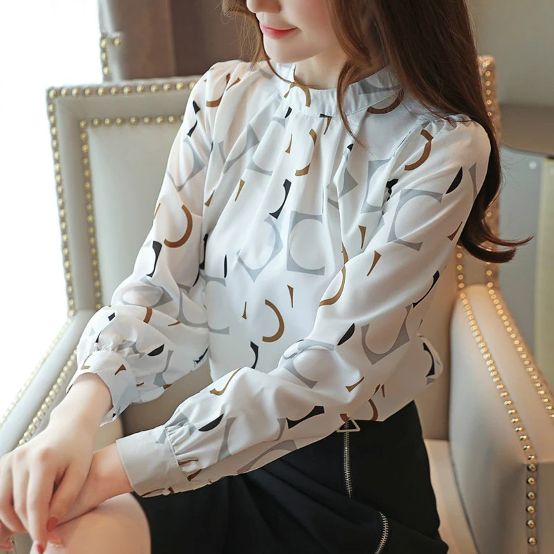 Korean Fashion Clothing Casual Long Sleeve Chiffon Blouse Women Print O-neck Blouse white black autumn tops 6053 50 - Image 6