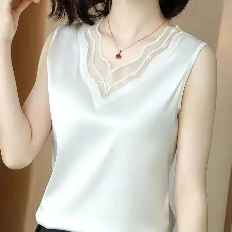 Korean Silk Women Blouses Shirt Woman Satin Blouse Tops Women Satin Lace Embroidery Blouse Top Woman V-neck Printing Shirts Tops - Image 10