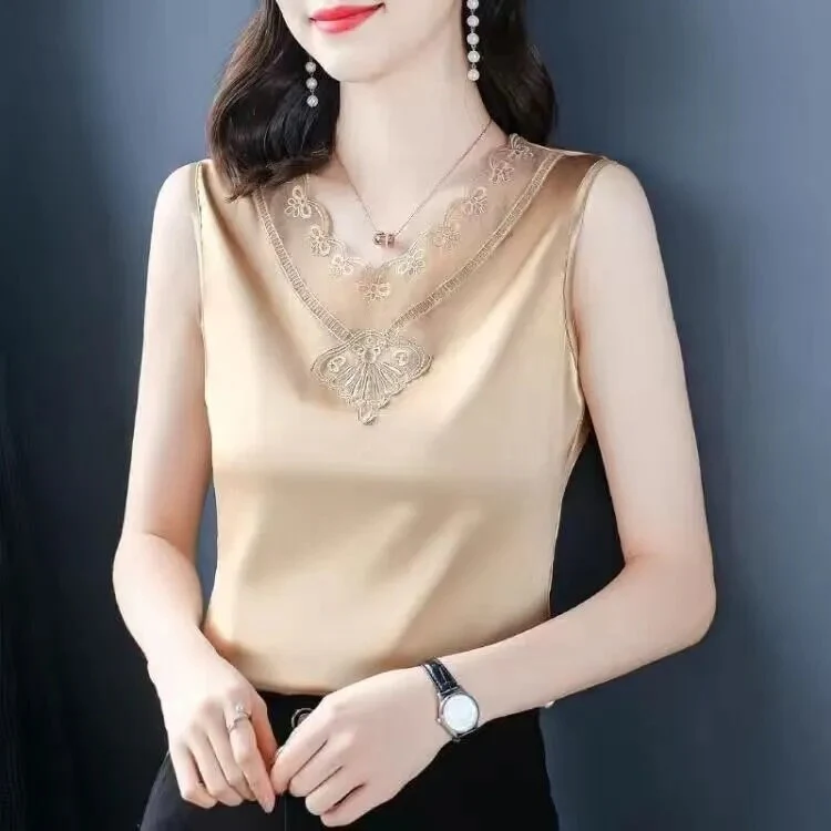 Korean Silk Women Blouses Shirt Woman Satin Blouse Tops Women Satin Lace Embroidery Blouse Top Woman V-neck Printing Shirts Tops - Image 13