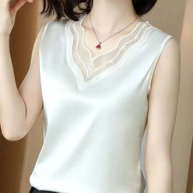 Korean Silk Women Blouses Shirt Woman Satin Blouse Tops Women Satin Lace Embroidery Blouse Top Woman V-neck Printing Shirts Tops - Image 15