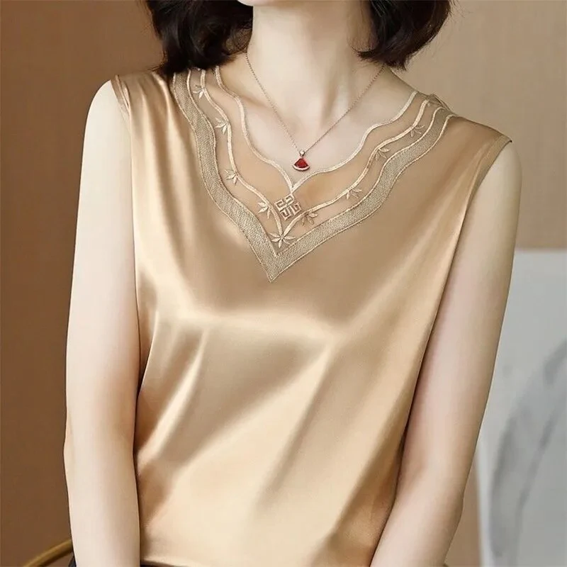 Korean Silk Women Blouses Shirt Woman Satin Blouse Tops Women Satin Lace Embroidery Blouse Top Woman V-neck Printing Shirts Tops - Image 18