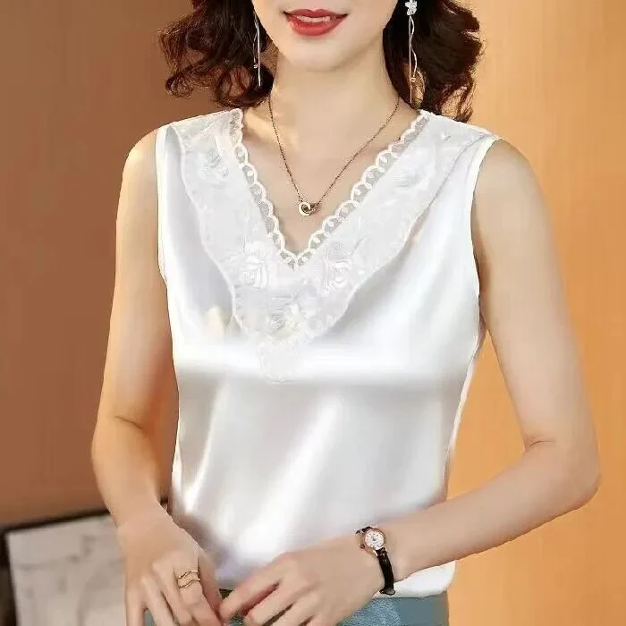 Korean Silk Women Blouses Shirt Woman Satin Blouse Tops Women Satin Lace Embroidery Blouse Top Woman V-neck Printing Shirts Tops - Image 5