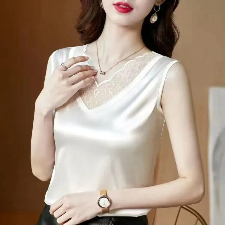 Korean Silk Women Blouses Shirt Woman Satin Blouse Tops Women Satin Lace Embroidery Blouse Top Woman V-neck Printing Shirts Tops - Image 6