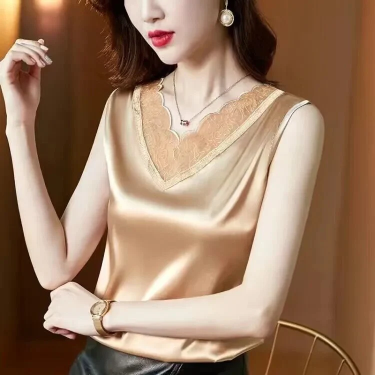 Korean Silk Women Blouses Shirt Woman Satin Blouse Tops Women Satin Lace Embroidery Blouse Top Woman V-neck Printing Shirts Tops - Image 8