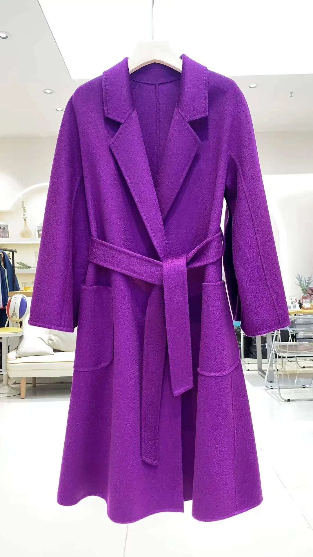 Korean Women Handmade Hepburn Corrugated Water Ripples Coat Double-sided Cashmere Wool Long Woolen Jacket Cashmere Coat Max - Image 17