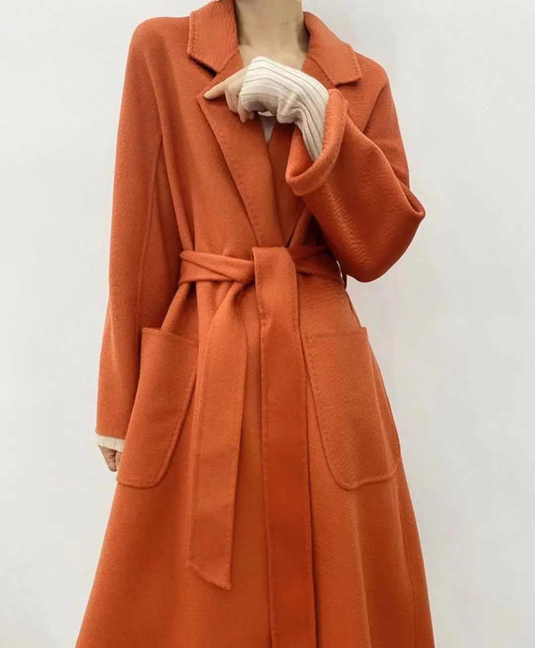 Korean Women Handmade Hepburn Corrugated Water Ripples Coat Double-sided Cashmere Wool Long Woolen Jacket Cashmere Coat Max - Image 25