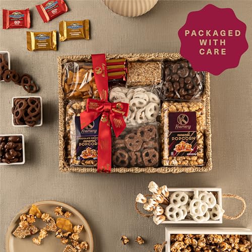 Kremery - Milk Chocolate Covered Pretzels Gift Basket in Reusable Seagrass Tray + Ribbon (Large 3.5 LB) Caramel Popcorn Peanut Brittle Cashews - USA Made - Image 6