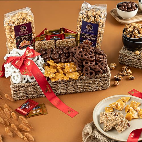Kremery - Milk Chocolate Covered Pretzels Gift Basket in Reusable Seagrass Tray + Ribbon (Large 3.5 LB) Caramel Popcorn Peanut Brittle Cashews - USA Made - Image 8