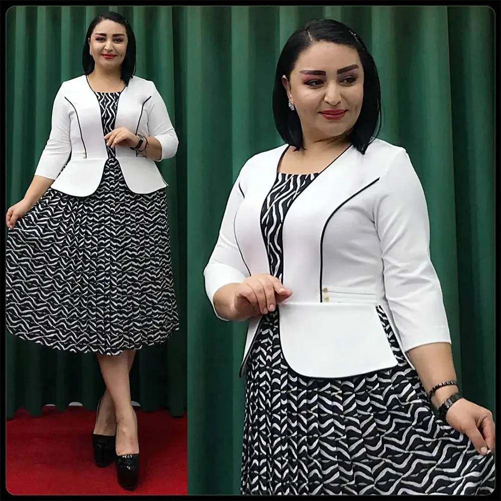 L-3XL African Dresses for Women Spring Autumn African 3/4 Sleeve Polyester Printing Pink Black White Party Dress African Clothes - Image 2
