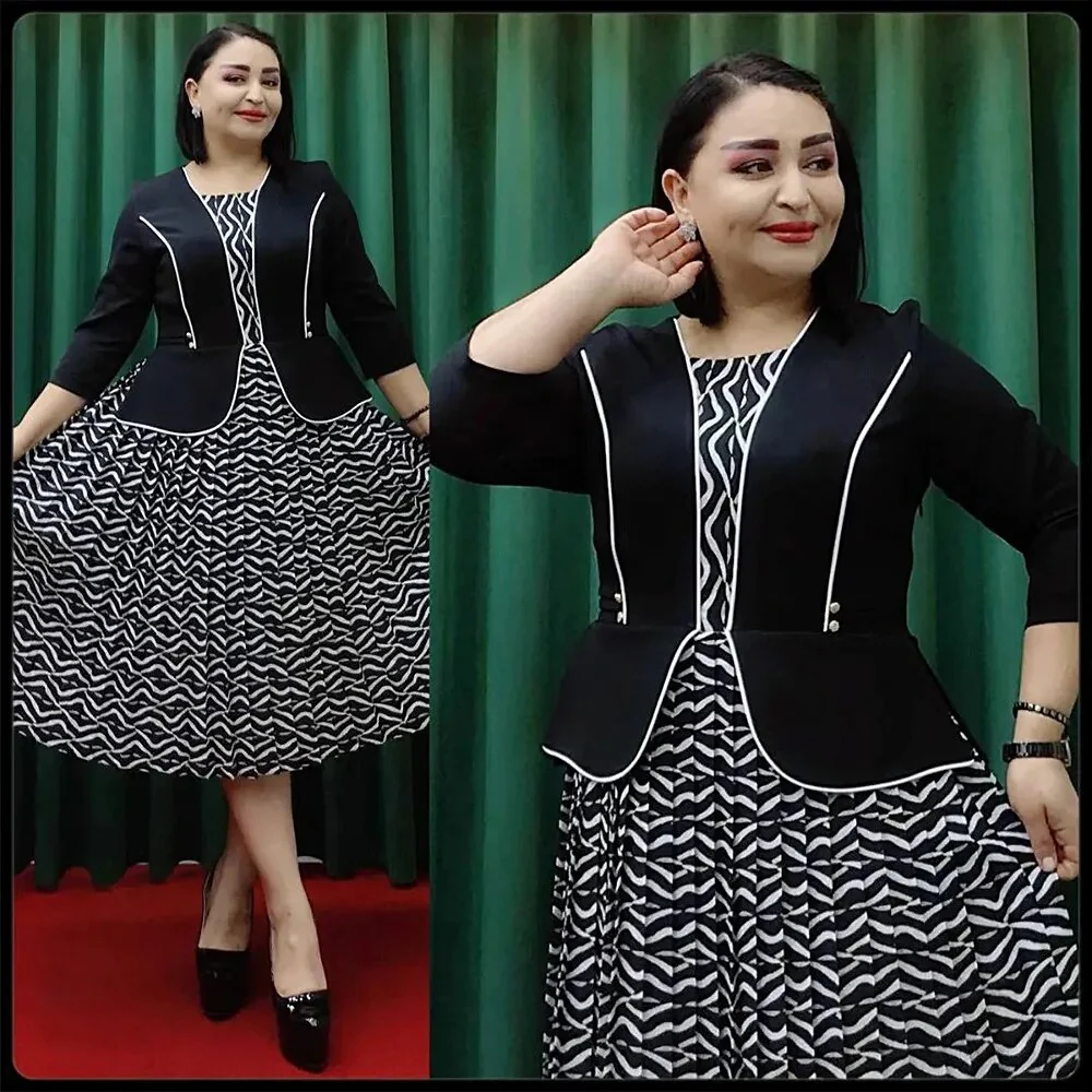 L-3XL African Dresses for Women Spring Autumn African 3/4 Sleeve Polyester Printing Pink Black White Party Dress African Clothes - Image 3