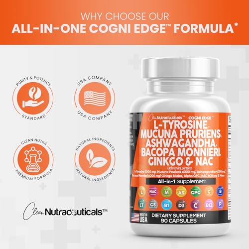 L-Tyrosine 1000mg Mucuna Pruriens 6000mg Bacopa Monnieri 500mg Ashwagandha 4000mg Focus Supplement with N-Acetyl Cysteine 600mg NAC 5-HTP Ginkgo Biloba Alpha GPC L Theanine Vitamin C D B1 B12 USA Made - Image 3