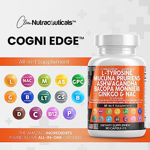 L-Tyrosine 1000mg Mucuna Pruriens 6000mg Bacopa Monnieri 500mg Ashwagandha 4000mg Focus Supplement with N-Acetyl Cysteine 600mg NAC 5-HTP Ginkgo Biloba Alpha GPC L Theanine Vitamin C D B1 B12 USA Made - Image 4