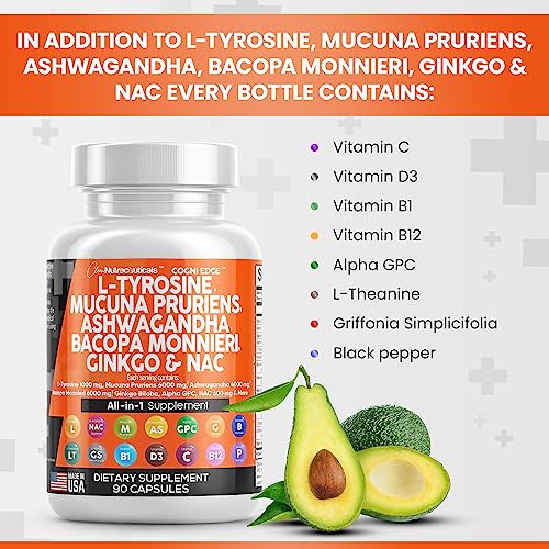 L-Tyrosine 1000mg Mucuna Pruriens 6000mg Bacopa Monnieri 500mg Ashwagandha 4000mg Focus Supplement with N-Acetyl Cysteine 600mg NAC 5-HTP Ginkgo Biloba Alpha GPC L Theanine Vitamin C D B1 B12 USA Made - Image 5
