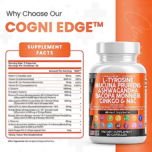 L-Tyrosine 1000mg Mucuna Pruriens 6000mg Bacopa Monnieri 500mg Ashwagandha 4000mg Focus Supplement with N-Acetyl Cysteine 600mg NAC 5-HTP Ginkgo Biloba Alpha GPC L Theanine Vitamin C D B1 B12 USA Made - Image 6