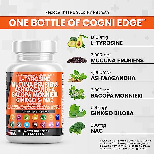 L-Tyrosine 1000mg Mucuna Pruriens 6000mg Bacopa Monnieri 500mg Ashwagandha 4000mg Focus Supplement with N-Acetyl Cysteine 600mg NAC 5-HTP Ginkgo Biloba Alpha GPC L Theanine Vitamin C D B1 B12 USA Made - Image 7