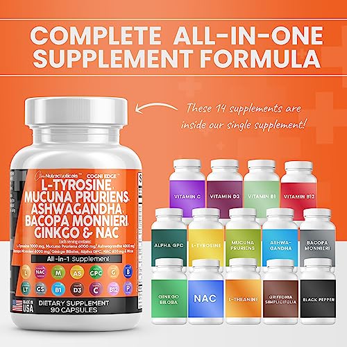 L-Tyrosine 1000mg Mucuna Pruriens 6000mg Bacopa Monnieri 500mg Ashwagandha 4000mg Focus Supplement with N-Acetyl Cysteine 600mg NAC 5-HTP Ginkgo Biloba Alpha GPC L Theanine Vitamin C D B1 B12 USA Made - Image 8