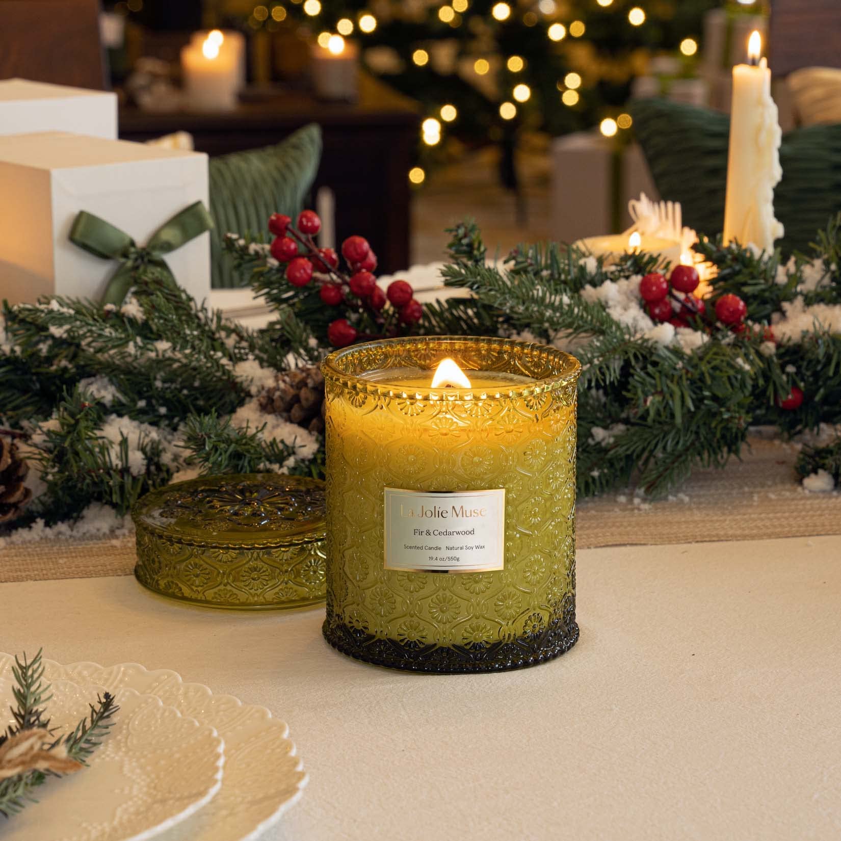 LA JOLIE MUSE Christmas Candles, Fir & Cedarwood Scented Candle, 19.4 Oz Large Winter Holiday Gift Candle, Wood Wicked Candle for Home Scented, Long Burning Glass Jar Candle - Image 6