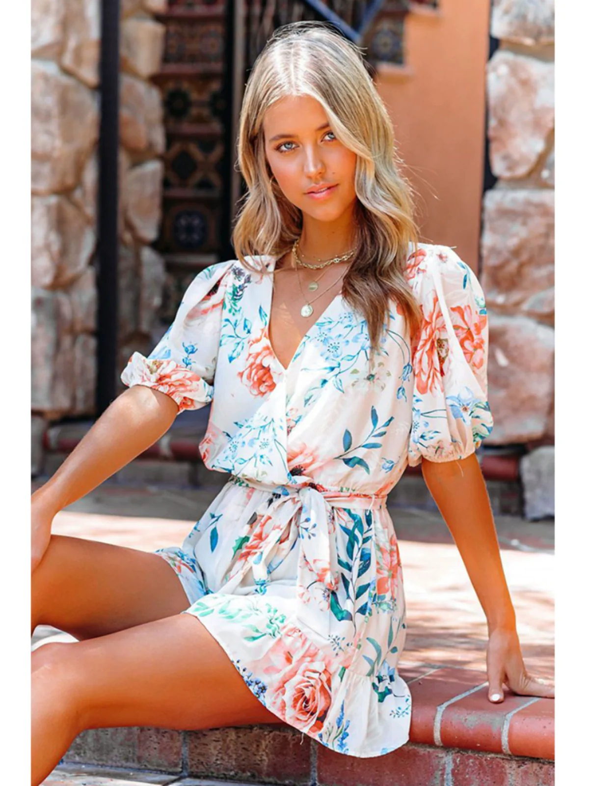 Lace-up Waist-Controlled Floral Print Loose Short-Sleeved V-neck Jumpsuit - Image 5