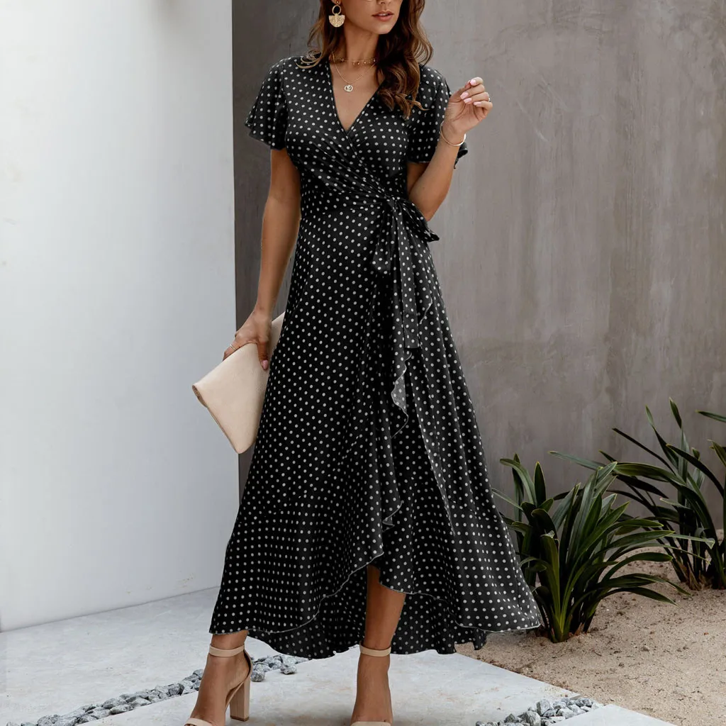 Ladies Bohemian Polka Dot Chiffon Dress Sexy V Neck Short Sleeve Split Maxi Sundress Summer Wrap Dresses For Women - Image 7