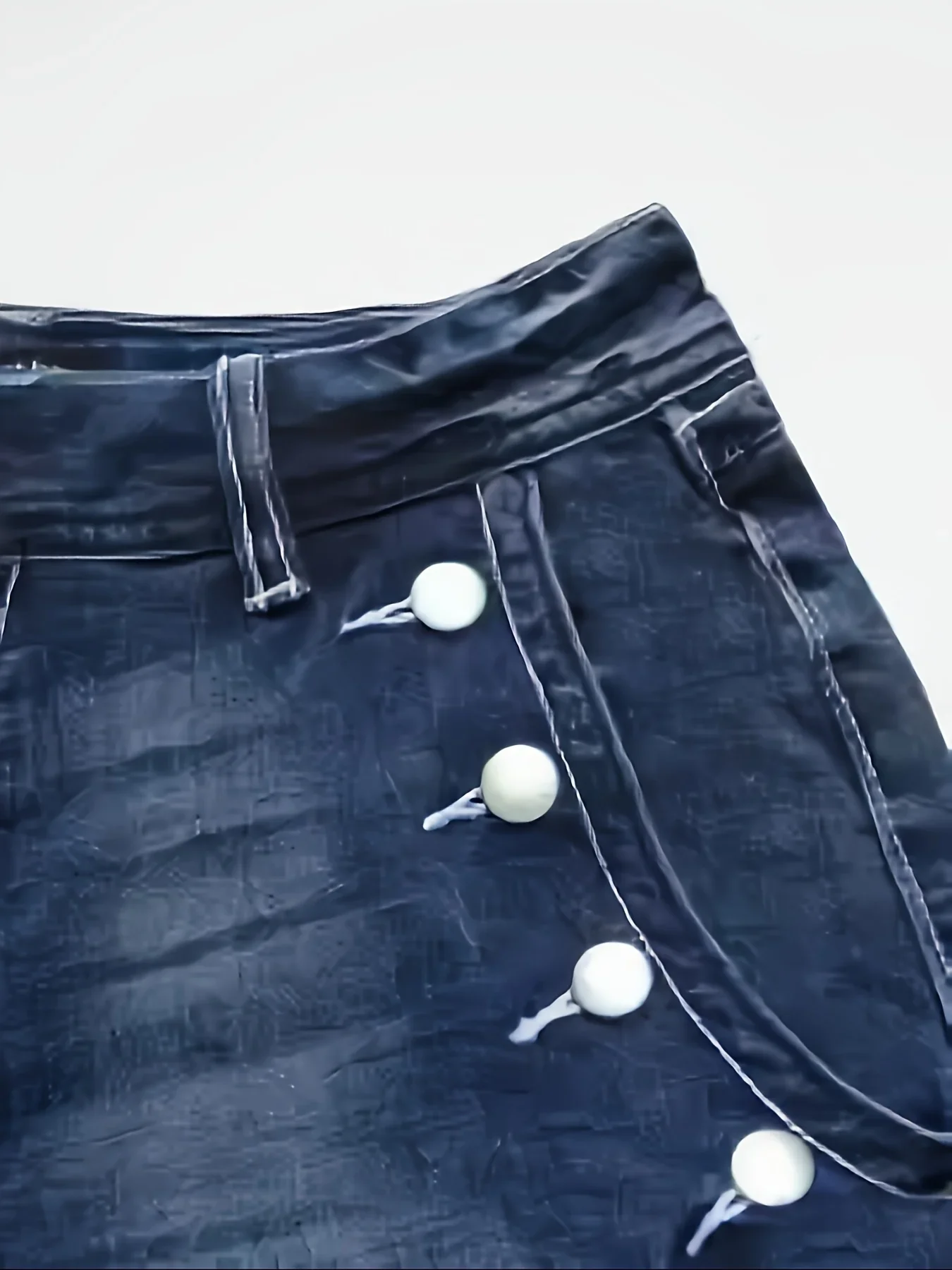 Ladies Mid-Waist Blue Elastic Denim Shorts with Wide Hem Front Pockets Diagonal Buttons Back Pocket Cover Buttons Elegant Casual - Image 4