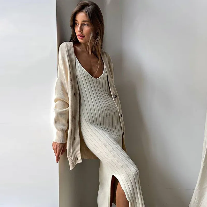Ladies Temperament Knitted Slip Dress Women Leisure Vertical Stripe Sleeveless V-neck Backless Split Long Dress Spring Summer - Image 18