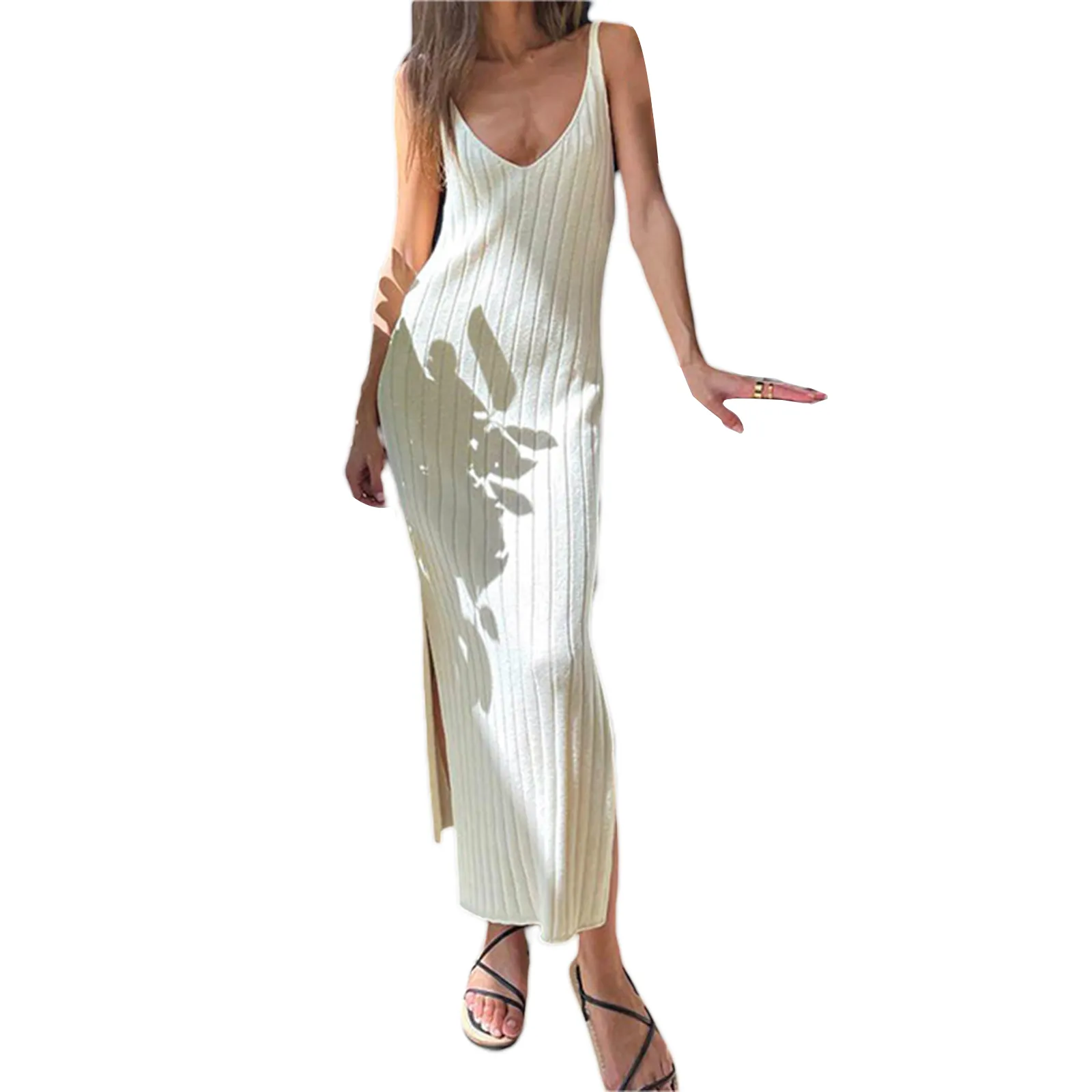 Ladies Temperament Knitted Slip Dress Women Leisure Vertical Stripe Sleeveless V-neck Backless Split Long Dress Spring Summer - Image 2