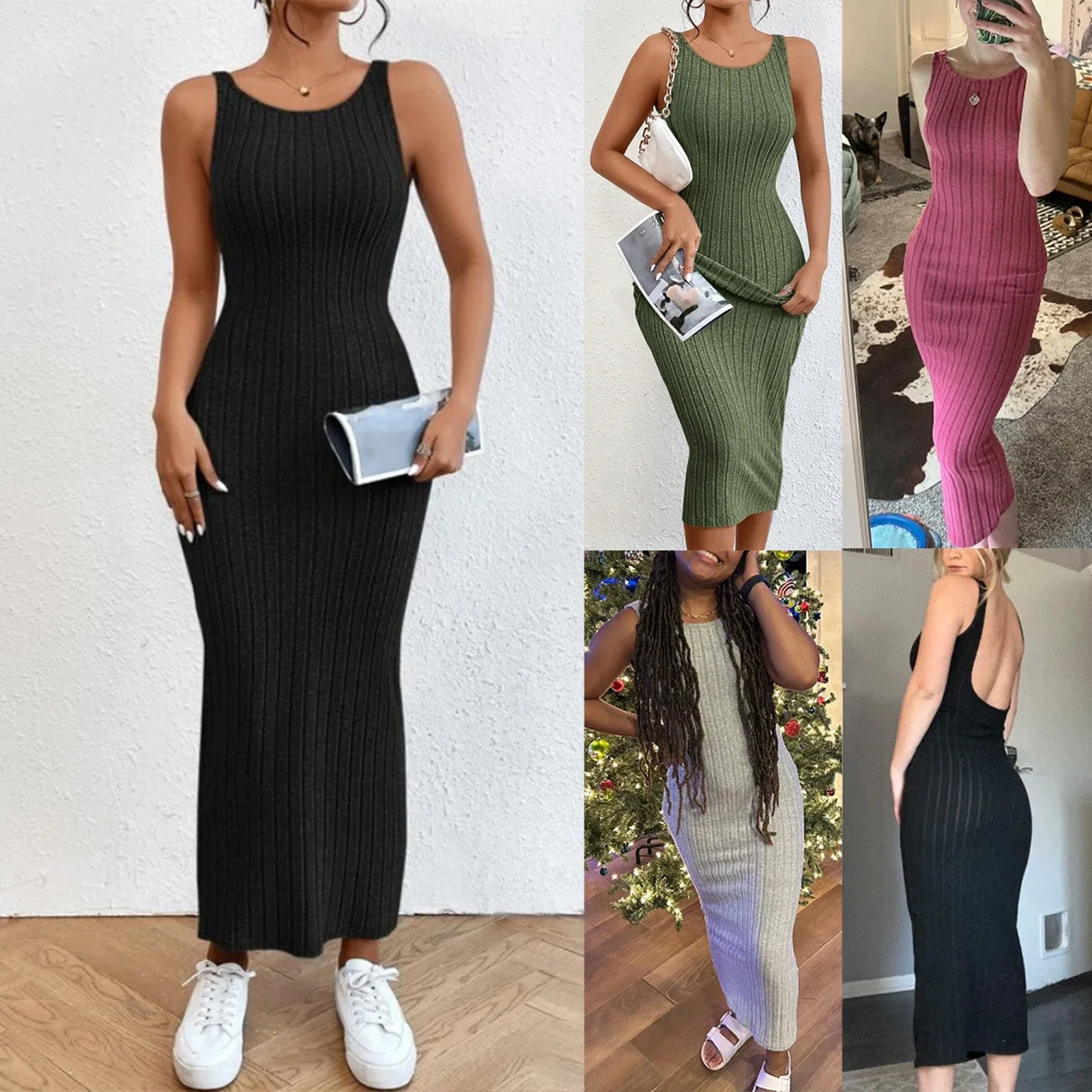 Ladies Temperament Knitted Slip Dress Women Leisure Vertical Stripe Sleeveless V-neck Backless Split Long Dress Spring Summer - Image 4