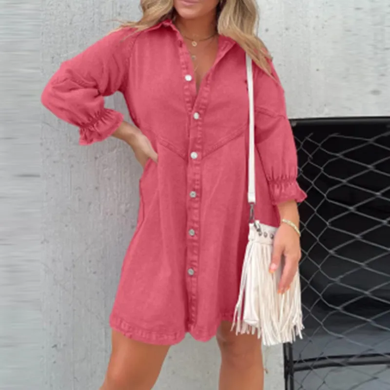 Lady Casual Lapel Single-Breasted Dress Autumn Solid Color Long Sleeve Denim Dress Fashion Simple Office A-Line Mini Shirt Dress - Image 4