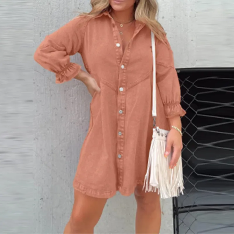 Lady Casual Lapel Single-Breasted Dress Autumn Solid Color Long Sleeve Denim Dress Fashion Simple Office A-Line Mini Shirt Dress - Image 5