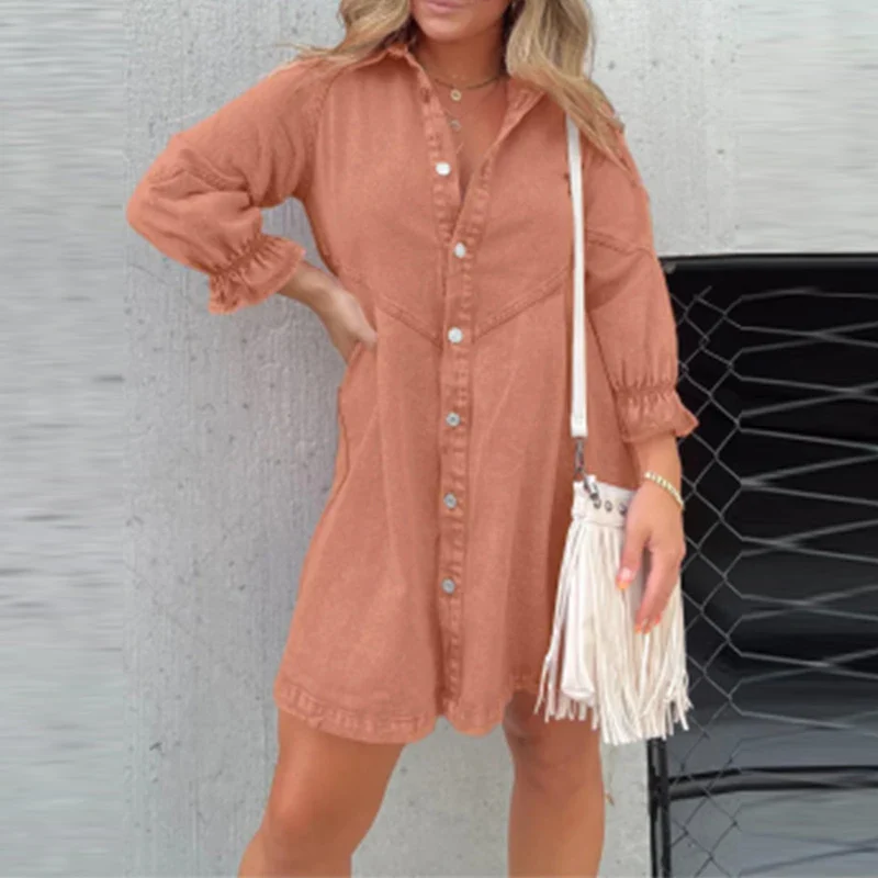 Lady Casual Lapel Single-Breasted Dress Autumn Solid Color Long Sleeve Denim Dress Fashion Simple Office A-Line Mini Shirt Dress - Image 7