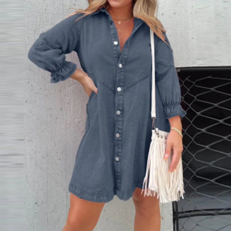 Lady Casual Lapel Single-Breasted Dress Autumn Solid Color Long Sleeve Denim Dress Fashion Simple Office A-Line Mini Shirt Dress - Image 8