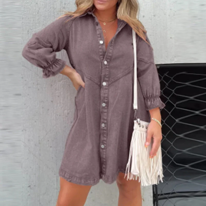 Lady Casual Lapel Single-Breasted Dress Autumn Solid Color Long Sleeve Denim Dress Fashion Simple Office A-Line Mini Shirt Dress - Image 9